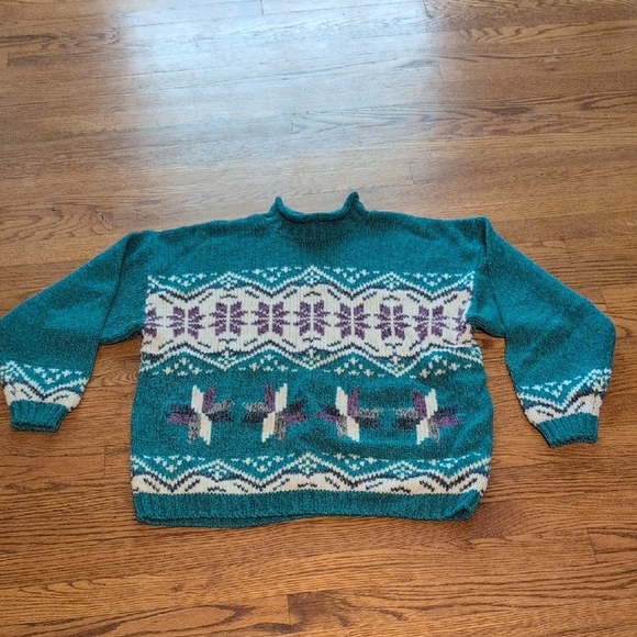 Vintage Sweaters - Gina Peters - Vintage Teal Patterned Ski Sweater